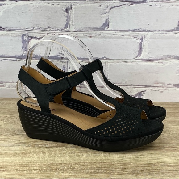 Clarks | Shoes | Clarks Reedly Waylin Black Leather Wedge Sandals ...